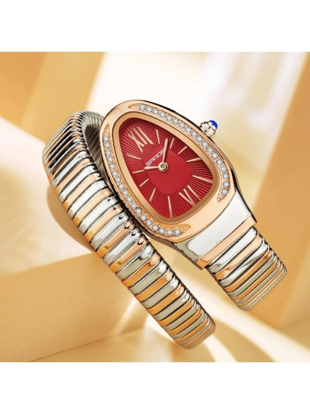 Women's Rose Red Silver Elegant Wrap Around Bangle Fashion Snake Cuff Wristwatch